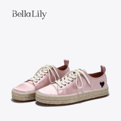 Bella Lily白色平底板鞋女士夏季薄款小白鞋复古编织渔夫鞋 粉色 35