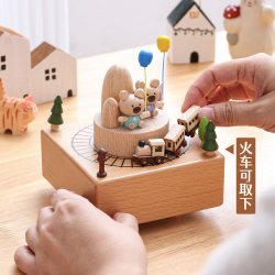 木易 原木音乐盒装饰摆件天空之城火车旋转古典八音盒新年礼物手工制作 小熊气球《天空之城》