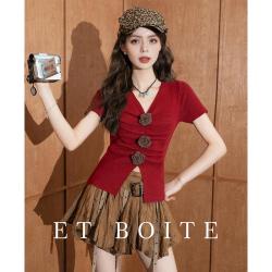 Et Boite 立体玫瑰花甜酷风V领韩版针织衫褶皱百搭温柔风短袖T恤女上衣