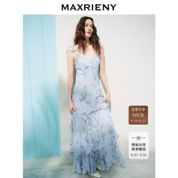 MAXRIENY 法式田园印花不规则连衣裙26夏荷叶边长裙 拼花 M