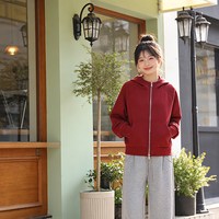 移动端：新款女女士卫衣红色莱卡莱赛尔棉连帽外套拉链衫