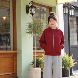 新款女女士卫衣红色莱卡莱赛尔棉连帽外套拉链衫
