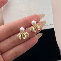 半日逅屿 千金风蕾丝带蝴蝶结仿珍珠耳钉女独特设计高级感耳饰甜美送女友 金色镂空蝴蝶结耳钉