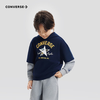 匡威 儿童装男童卫衣2026春季新款假两件纯棉上衣时尚休闲连帽卫衣 藏青蓝 160 /76