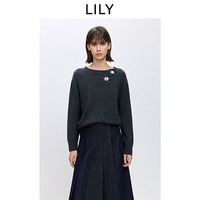 LILY 含羊毛一字领撞色立体花朵宽松套头针织衫 501灰色 M