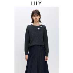 LILY 含羊毛一字领撞色立体花朵宽松套头针织衫 501灰色 M