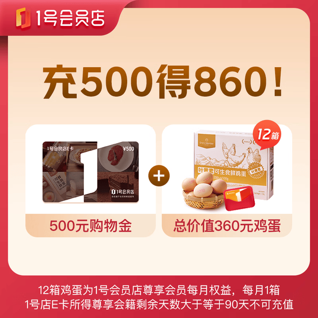 京东E卡 500元（电子卡）购物卡/礼品卡 送12箱鸡蛋及会员卡，仅在1号会员店APP使用