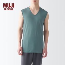 無印良品 MUJI 男式 莱赛尔 无袖 V领T恤 男士t恤打底衫男款 FA19ZC4S 烟熏绿色 S 165/88A