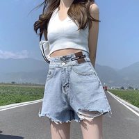 移动端：大码胖mm黑色破洞毛边牛仔短裤女夏季新款高腰宽松显瘦a字阔腿裤