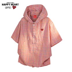 CHARLES JANG'S HAPPY HEART 假两件连帽短袖衬衫男女夏季泡泡纱半袖宽松休闲上衣