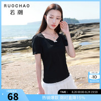 三彩 大码女装2026夏季新款方领短袖T恤罗纹蝴蝶结显瘦微胖MM 经典黑 M 160/88B