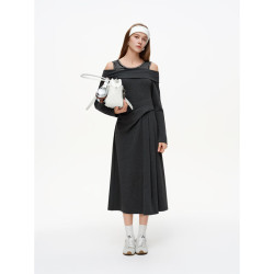 独束 女装条纹拼接露肩连衣裙2026春装设计感显瘦裙子 深灰色 2XL （尺码：4）