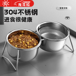 光多拉 狗碗不锈钢猫碗不黑下巴防打翻斜口喝水吃饭一体猫粮食盆双碗
