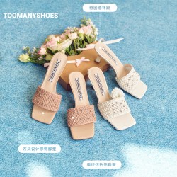 TOOMANYSHOES 周也同款Toomanyshoes26夏新款钻钻开花编织钻饰休闲时尚高跟拖鞋