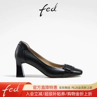 FED 羊皮女鞋春季方头浅口粗高跟单鞋女真皮时装通勤鞋女 黑色 36