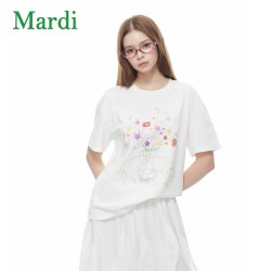 玛尔帝 凉感手绘花卉短袖T恤女白色宽松度假风上衣夏季休闲圆领女装