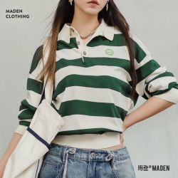 马登 复古撞色条纹POLO领长袖T恤针织休闲百搭上衣显瘦打底衫秋女