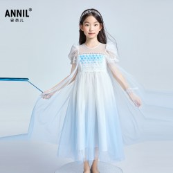 安奈儿 童装女童短袖礼裙2025夏新款渐变网纱裙生日
