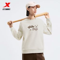 特步 加绒加厚圆领卫衣女2024冬季新款时尚印花长袖女