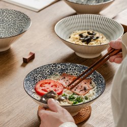 竹木本记 釉下彩陶瓷8英寸日式斗笠面汤碗家用餐具微波炉可用蓝纹