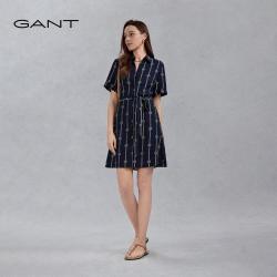 GANT 春夏女士翻领中长裙简约复古衬衫裙字母印花收腰系带连衣裙