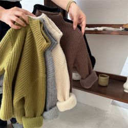 韩国儿童一体绒毛衣冬款男女童半高领纯色百搭打底洋气保暖针织潮