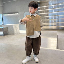 中班仔男童套装秋季2026新款儿童衬衫马甲休闲三件套春秋*ZH1133