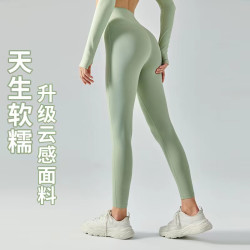 新款裸感高腰收腹瑜伽裤双面磨毛蜜桃提臀健身裤
