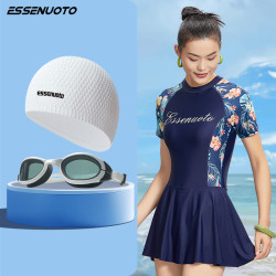essenuoto速干裙式连体泳衣夏季遮肚显瘦短袖游泳衣夏日休闲泳装