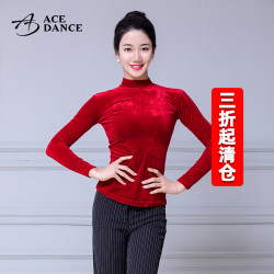 瑰意女成人新款舞蹈服装拉丁舞上衣摩登舞上衣丝绒高领长袖练功服