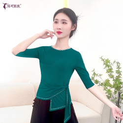 衡美 气质显瘦古典舞服时尚烫钻舒适圆领中袖成人女上衣绑带式广场舞服