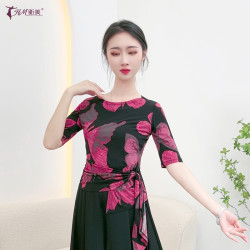 衡美 古典舞练功服上衣印花修身显瘦中袖成人系带中国现代舞民族舞服装