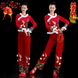 秧歌服女腰鼓舞金丝绒广场舞套装喜庆冬季打鼓服扇子舞服装民族风