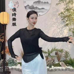 中国风古典舞飘逸修身套手指显瘦百搭纱衣弹力上衣开叉