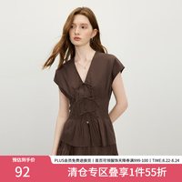范思蓝恩 摩登蝴蝶结系带收腰衬衫女2025夏连肩袖v领上衣2737 咖啡色 M