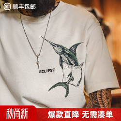 马登 工装错视风白色印花T恤男美式重磅纯棉宽松短袖衣服男装夏季 汝窑白  L