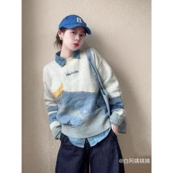 DUIBAI 提花圆领针织衫女2026秋装含绵羊毛宽松针织衫