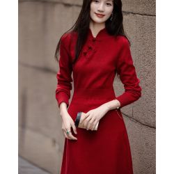 德玛纳 女士新中式连衣裙 秋冬针织旗袍式
