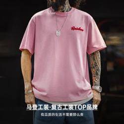 马登 工装美式复古牛仔重工刺绣上衣粉色短袖宽松重磅t恤衫夏季男