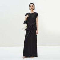 LESS 夏季桑蚕真丝T恤女一字领抽褶软垂气质显瘦包袖上衣2P4110140
