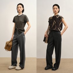 LESS 秋通勤绵羊毛桑蚕丝黑色休闲简约显瘦直筒长裤女士2P7E18040