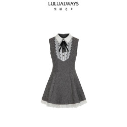 Lulualways 26秋季新款法式名媛小翻领收腰显瘦散摆连衣裙