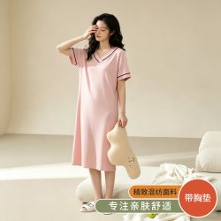 若栢溪  可外穿莫代尔短袖带胸垫V领睡裙