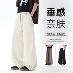月伊纺 新中式男夏季休闲裤男裤宽松直筒长裤青年仿麻老钱风垂感休闲裤