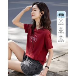 德玛纳 夏季立体绣花打底衫短袖T恤圆领舒弹宽松女式t