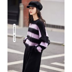 德玛纳 冬季圆领堆堆袖拉绒条纹拼色针织衫女上衣