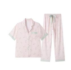 欧迪芬 睡衣女短袖长裤开衫翻领可外穿家居服套装