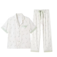 欧迪芬 睡衣女短袖长裤开衫翻领可外穿家居服套装