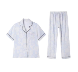 欧迪芬 睡衣女短袖长裤开衫家居服套装  淡雅蓝