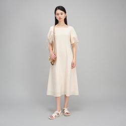 播 简约纯色泡泡袖连衣裙女夏季时尚蝴蝶结休闲长裙